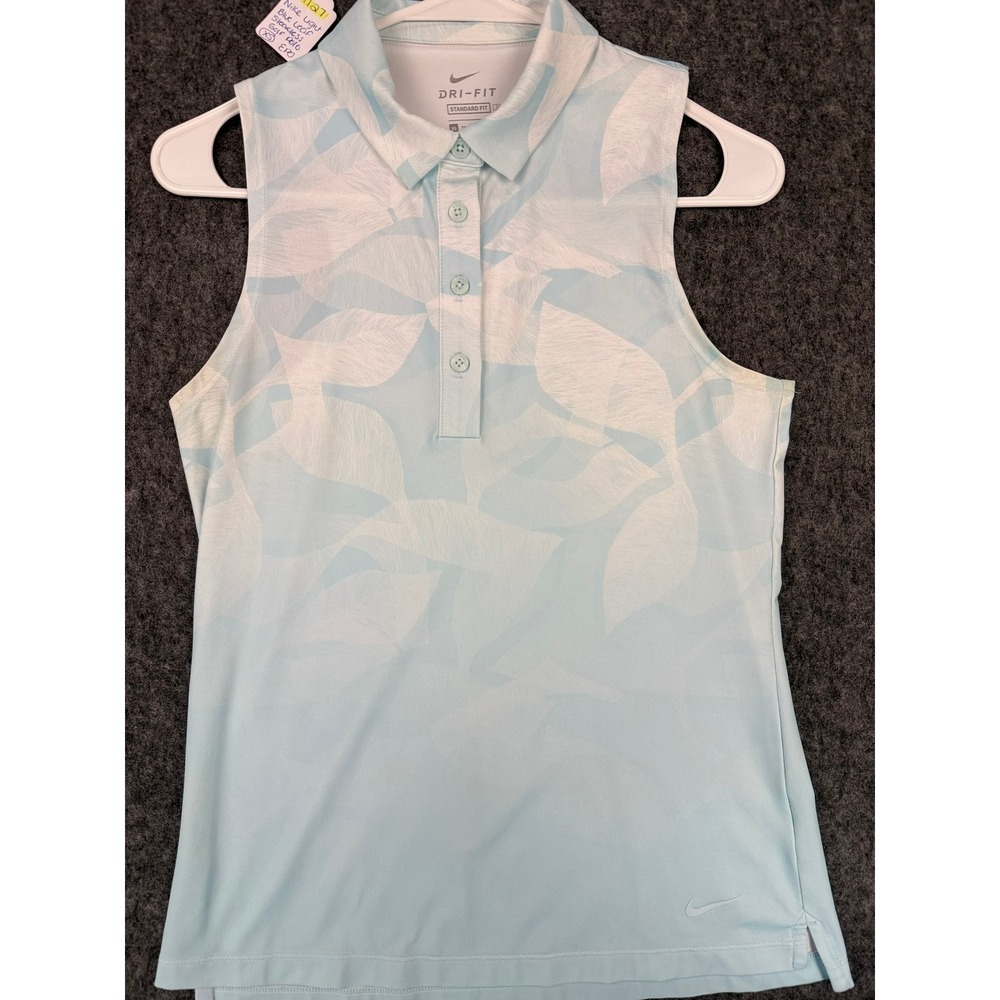 Nike Golf Dri-FIT Sleeveless Polo Shirt Light Blue Leaf Print XS